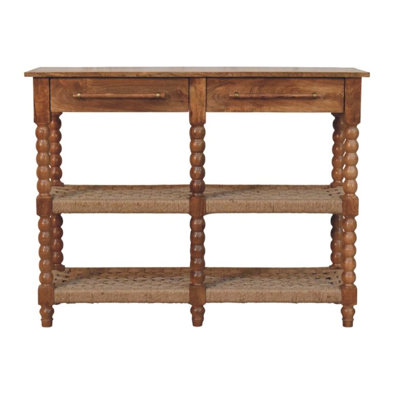 Wooden console table with drawers and woven shelves