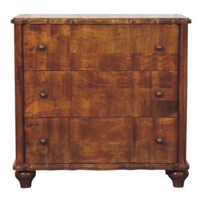 Antique wooden three-drawer chest with rounded front