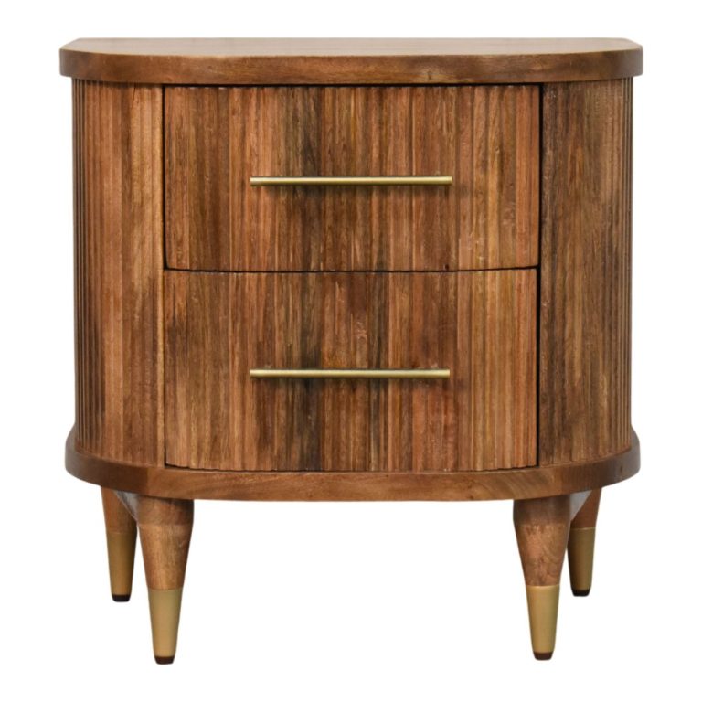 Curved wooden bedside table with brass handles