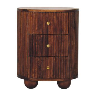 Round wooden bedside cabinet with three drawers