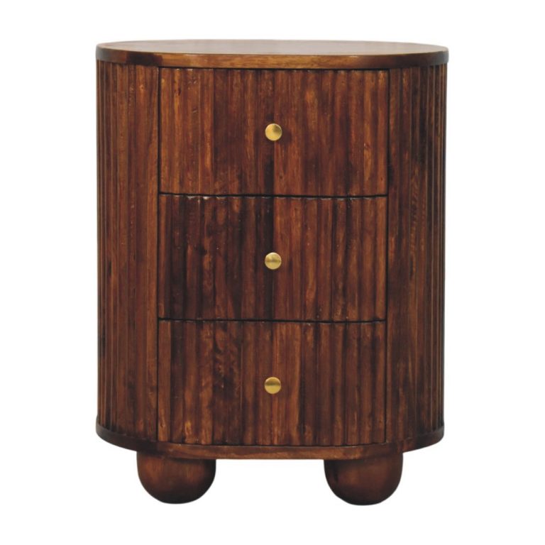Round wooden bedside cabinet with three drawers