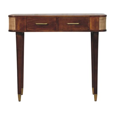 Wooden console table with drawers and brass accents