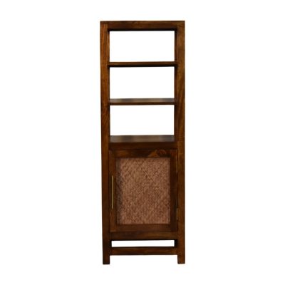 Tall wooden shelving unit with woven cabinet door