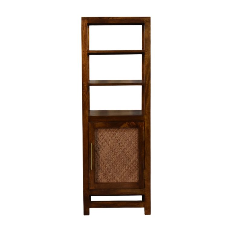Tall wooden shelving unit with woven cabinet door