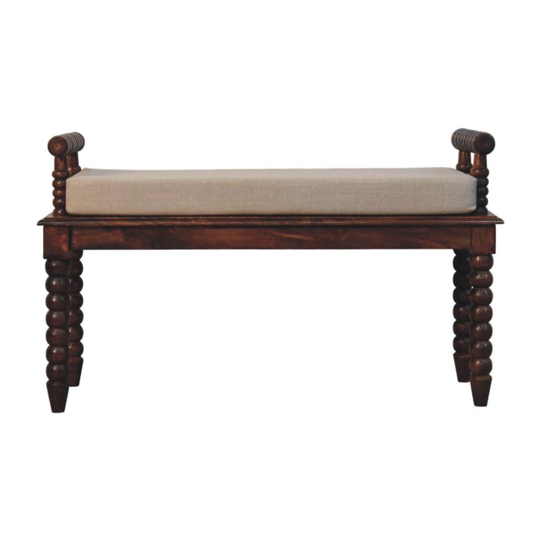 Dark wooden bench with upholstered seat cushion