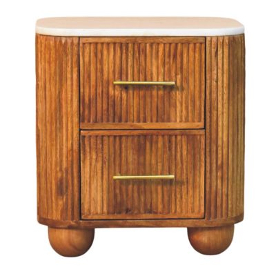Wooden bedside table with fluted drawers and marble top