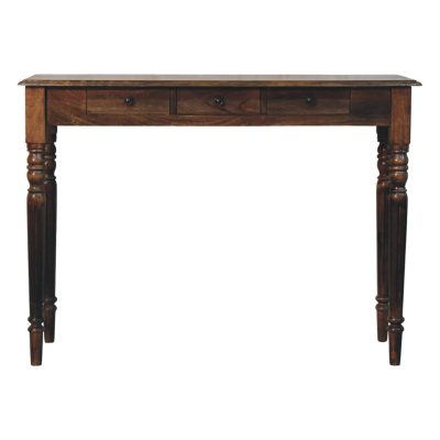 Dark wooden console table with three drawers