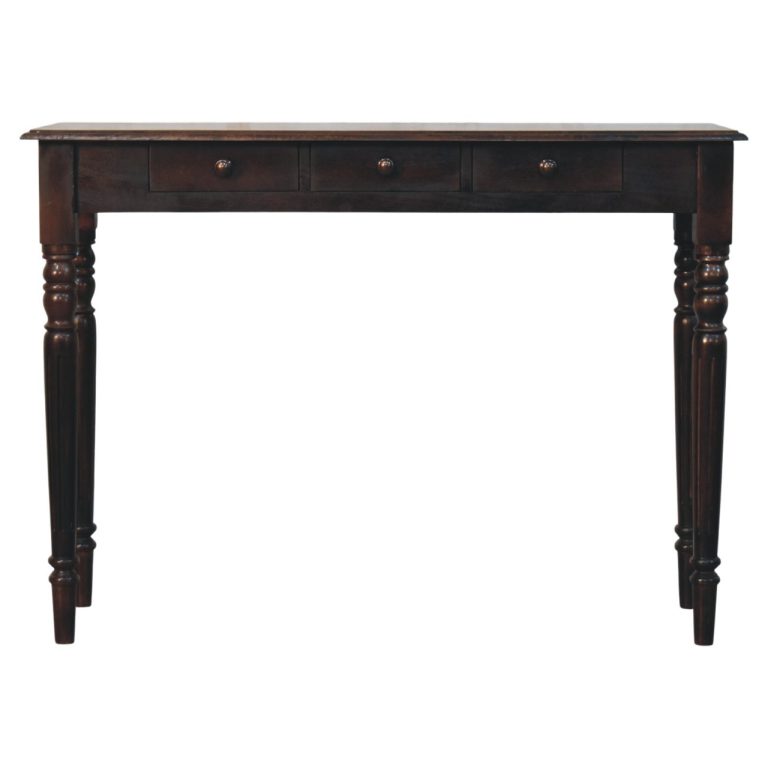 Dark wooden console table with three drawers