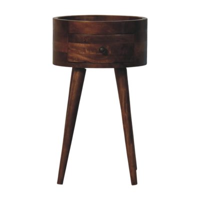 Round wooden side table with drawer and tapered legs