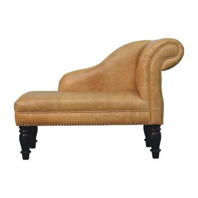 Tan leather chaise lounge with rolled arm