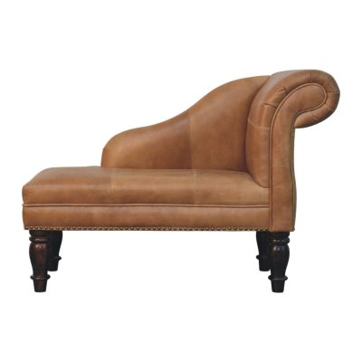 Brown leather chaise lounge with rolled arm