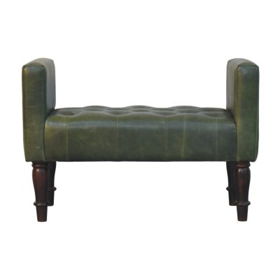 Green leather tufted bench with wooden legs