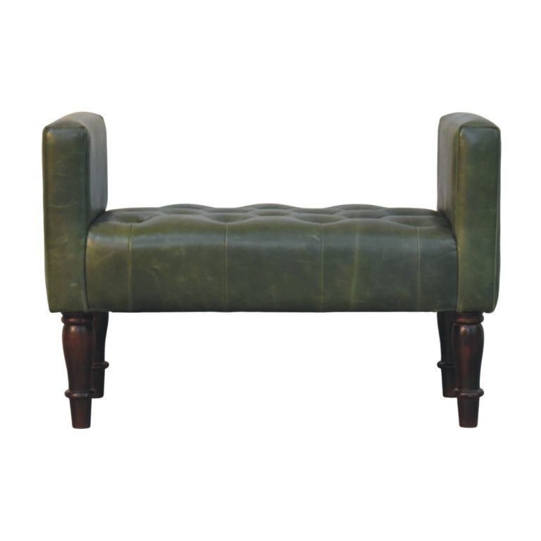 Green leather tufted bench with wooden legs